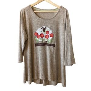 Cactus Pearl Size Large Sheep Embellished 3/4 Sleeve Brown Top N63 Grannycore